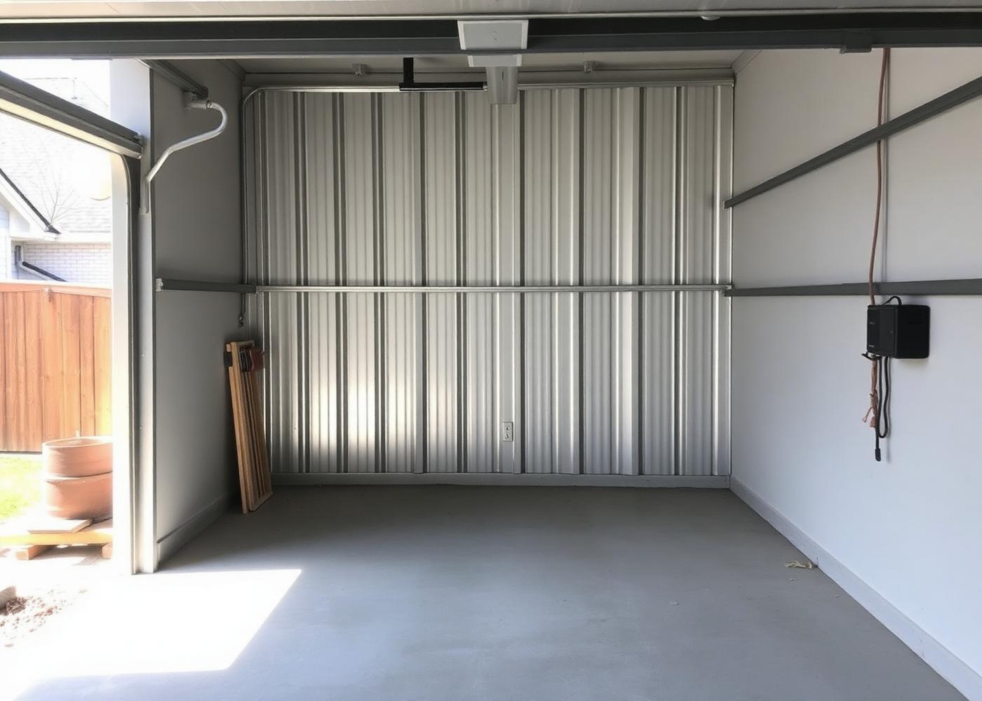 Interior of a residential garage with a steel storm shelter installed against the wall