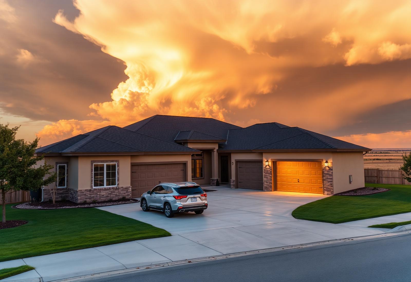 A North Texas home at sunset with distant storm clouds building over the prairie